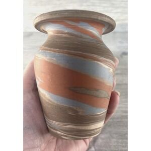 Antique 1920's Niloak Pottery Mission Swirl Vase 4" Tall Blue Earth Tones